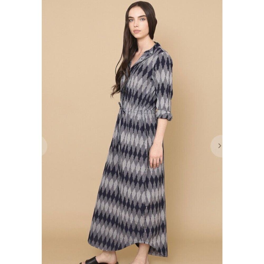 OSEI DURO Sz S Small Navy Gray Ikat Casta Dress Midi Cotton